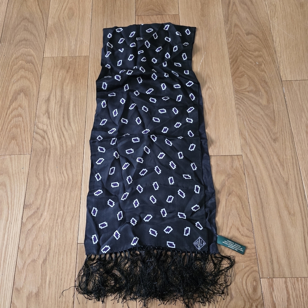 Ralph Lauren Black Purple Silk Scarf with White Print Fringe - Picture 7 of 8